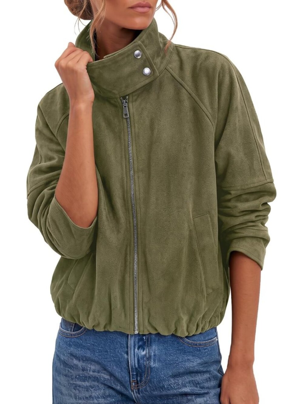 Women's Army Green Funnel Neck Faux Suede Cropped Oversized ZIP Bomber Jacket
